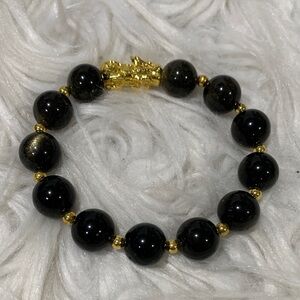 HANDMADE Elegant Black and Gold Beaded Stretchy Bracelet w 24K Gold Plated Pixiu